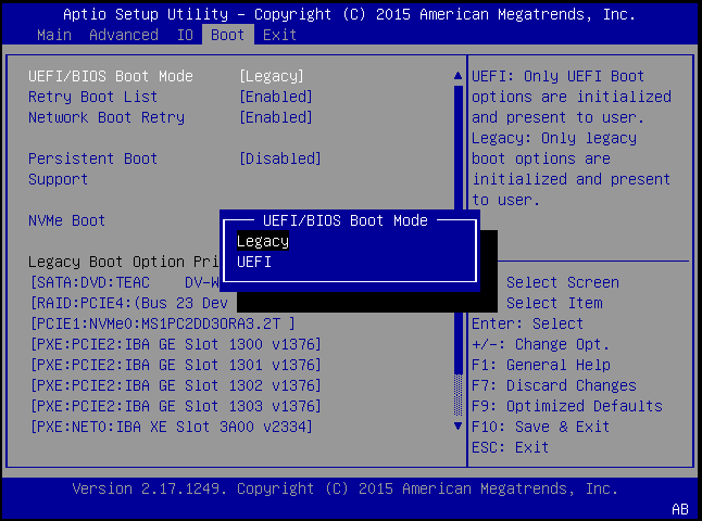 image:BIOS screen showing selection of UEFI and Legacy BIOS                                 Mode.