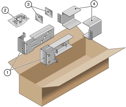 image:Figure showing the contents of the hardmount 23-inch two-post kit.