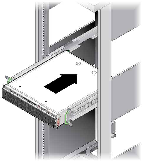 image:Figure showing how to slide the server onto the adjustable rails.