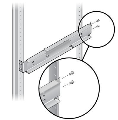 image:Figure showing how to secure the rear of the adjustable rails to the rack.