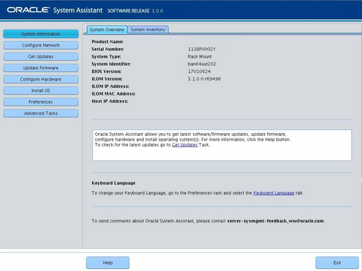 image:This figure shows the System Overview screen in Oracle System Assistant.