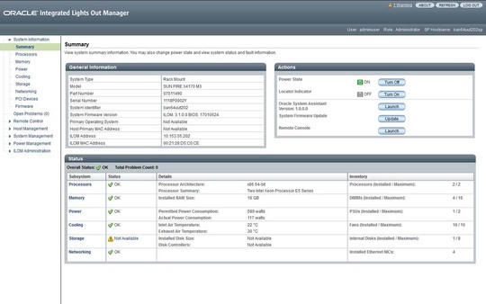 image:This screen shows the Oracle ILOM Summary page.