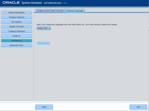 image:This figure shows the Keyboard Language screen in Oracle System Assistant.