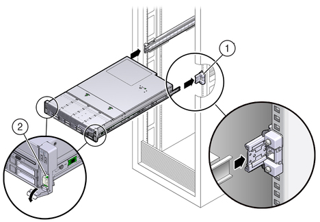 image:Figure showing the server with mounting brackets being inserted into the slide-rails.