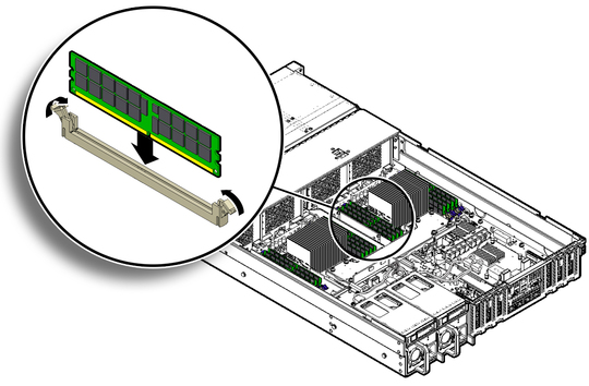 image:Figure showing a memory DIMM being installed into the sever.