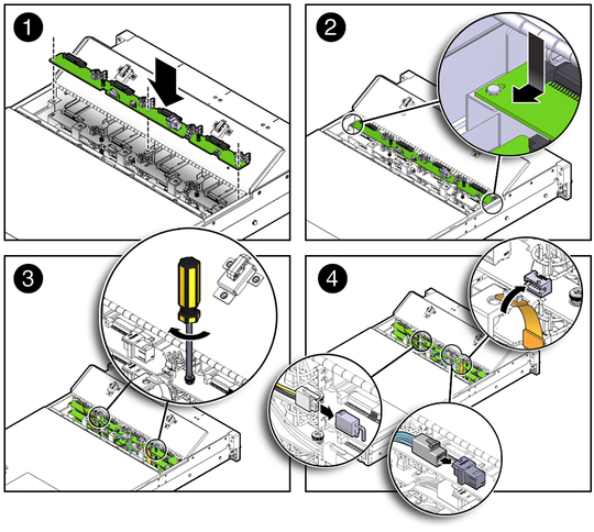 image:Figure showing the storage drive backplane being installed in the server.