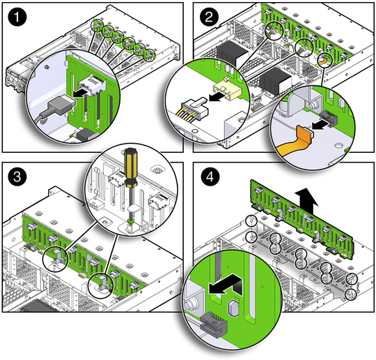 image:Figure showing the storage drive backplane being removed from the server.