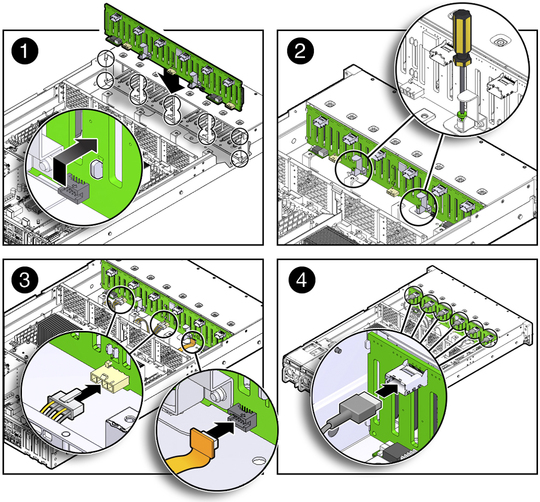 image:Figure showing the storage drive backplane being installed in the server.