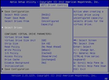 image:Screen showing the RAID Create Configuration menu with the Select Drives option selected.