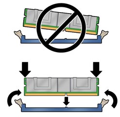 image:Graphic showing how to insert a DIMM onto the motherboard.