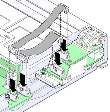 image:Graphic showing how to install the two front I/O assembly cables.