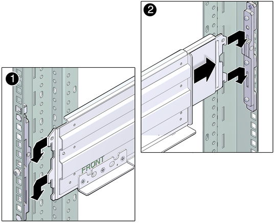 image:Image showing how to install the front end of the shelf rail.