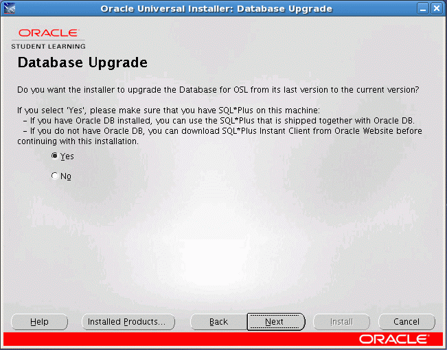 Database Upgrade Screen