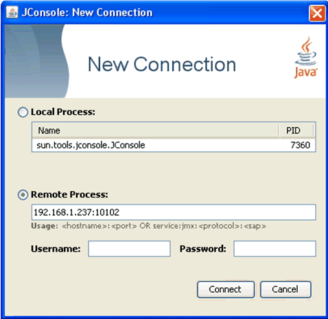 JConsole New Connection dialog box.