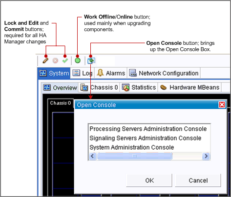 Control center buttons in the console GUI