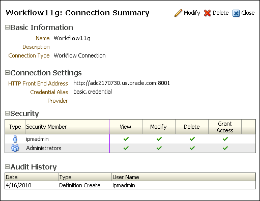 Workflow Connection Summary page