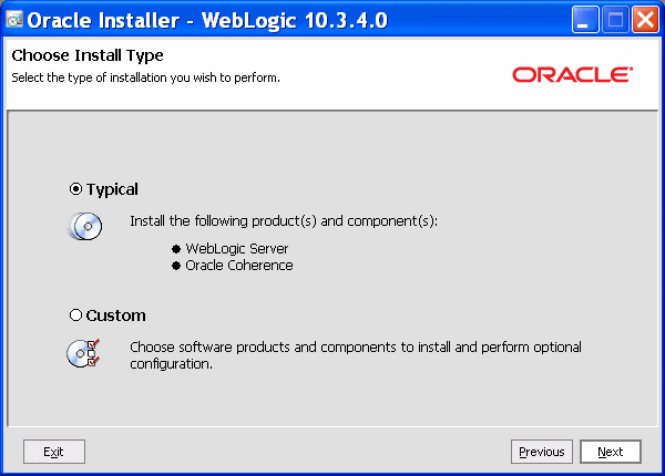 WebLogic Serverインストーラの「インストール・タイプの選択」画面