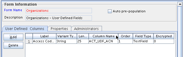 User defined columns tab