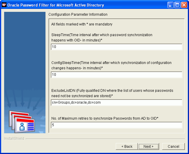 Oracle Password Filter for ADのインストーラ画面