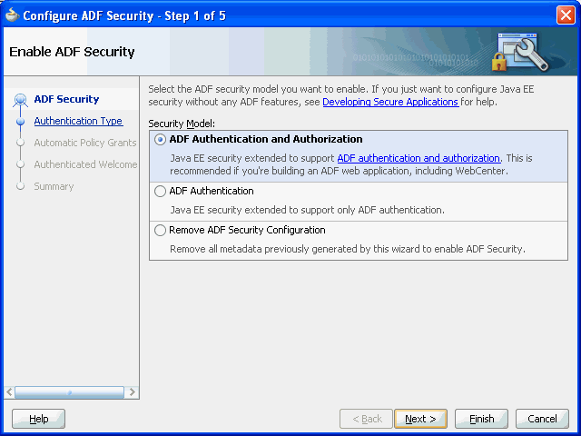 First page of the ADF Security wizard