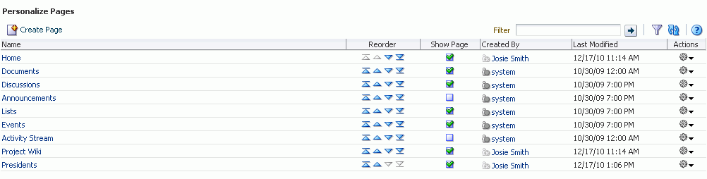 Manage Pages Dialog