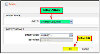 Activity window with new activity selected and OK button highlighted
