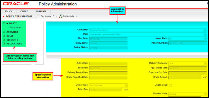 Sections of Policy screen