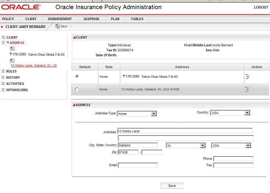 Sample Address Screen showing US and foreign addresses