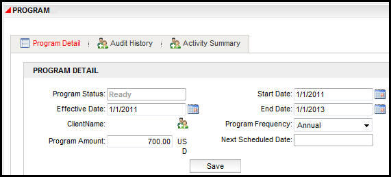 Program Details Section of Program Screen