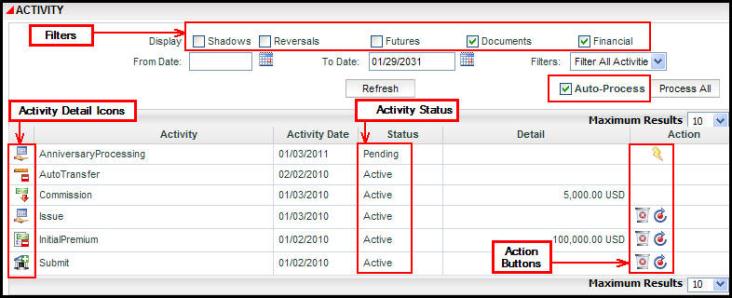 Activity screen with activity options highlighted