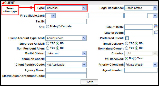Client Detail screen with Type box highlighted