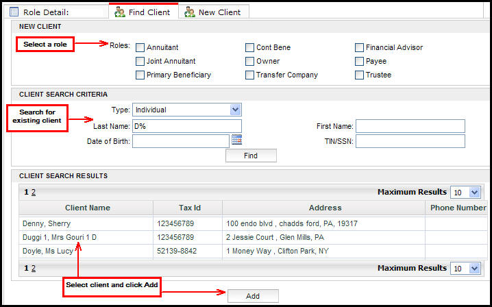 Find Client Tab on Roles Screen