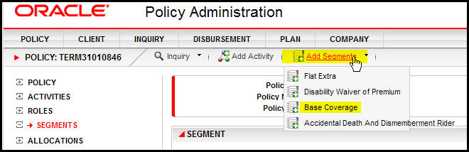 Segment link on the Secondary menu with drop down box of options
