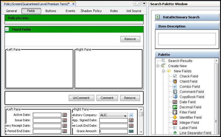 Fields Pane of PolicyScreen business rule