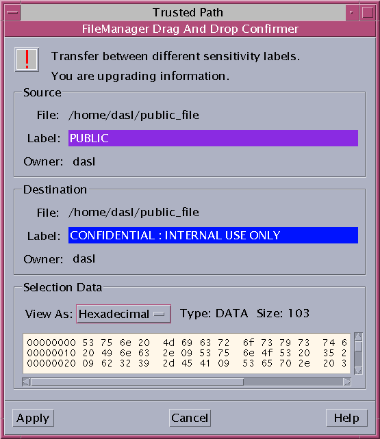 image:Window titled FileManager Drag And Drop Confirmer, label Trusted Path, shows the source, destination, and transfer information for a dragged file.