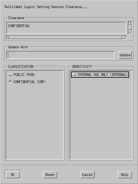 image:Label Builder dialog box shows Task identifier, selected clearance. Shows update field, and classification and compartments to create new clearance.