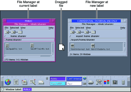 image:Illustration shows file managers at 2 different labels, and a file being dragged from one manager to the other.