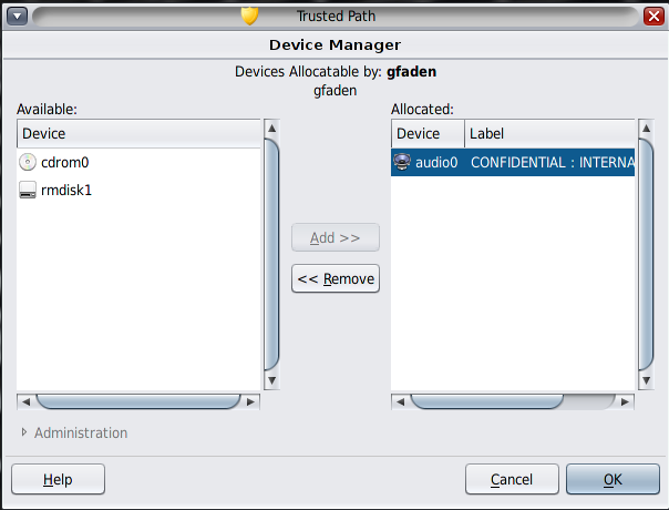 image:Dialog box titled Device Allocation Administration shows the devices that can be administered, and the allocation status of the audio device.
