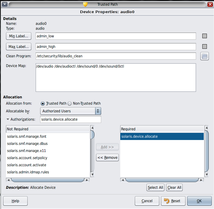 image:Dialog box titled Device Allocation Authorizations shows the authorizations of a device.