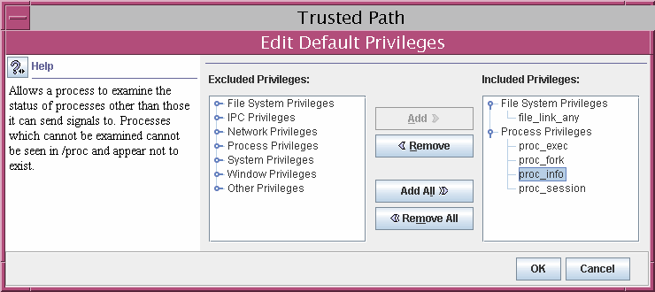 image:Dialog box shows the basic privilege set for a regular user.