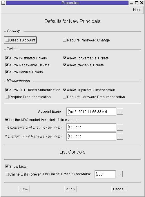 image:Dialog box titled Properties shows defaults for new principals and list controls. Defaults for principals cover security and other options.