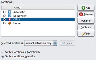 image:Graphic of the Network Locations dialog, where you can change, edit, and create new locations.