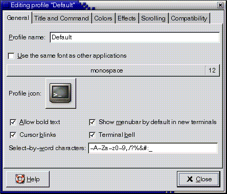 image:Editing profile dialog from the GNOME Terminal application. Contains six tabbed sections.