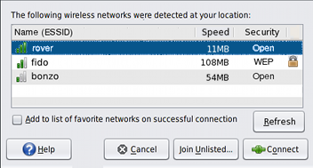Graphic of the Wireless Chooser dialog to select an wireless network. image:Graphic of the Wireless Chooser dialog to select an wireless network.