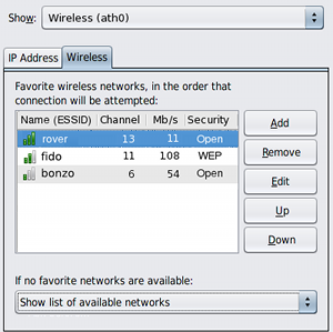 image:Graphic of the Wireless tab of the connection properties view for a selected wireless network.