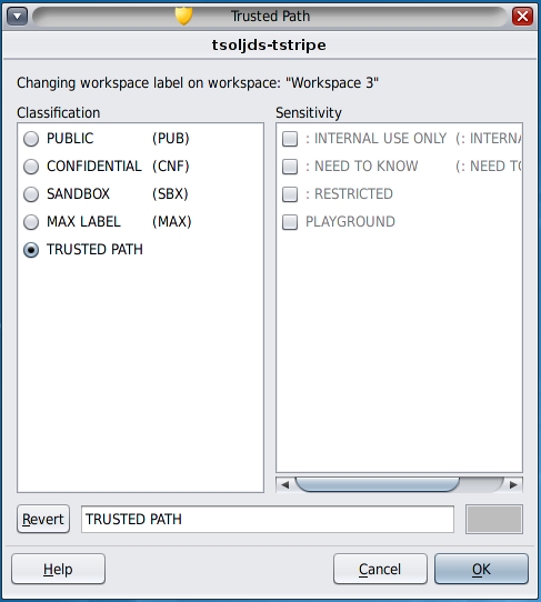 image:Label builder shows the available labels for Workspace 3. Currently, the Trusted Path label is chosen.