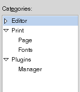 image:Categories tree from the gedit Preferences dialog. Contains three subcategories.