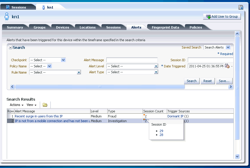 The User Details&rsquo; Alerts tab is shown.