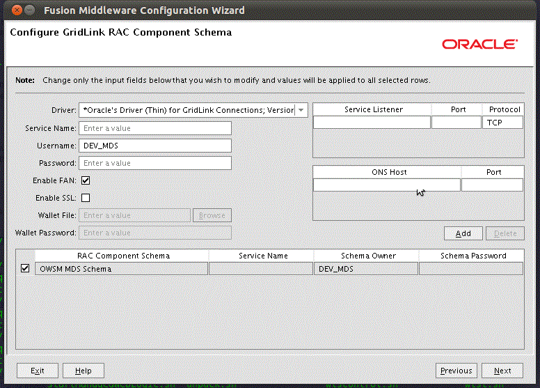 Configure RAC Multi Data Source Component Schema screen
