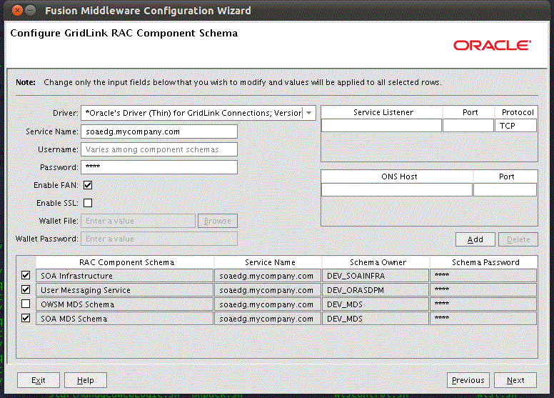 Configure RAC Multi Data Source Component Schema screen